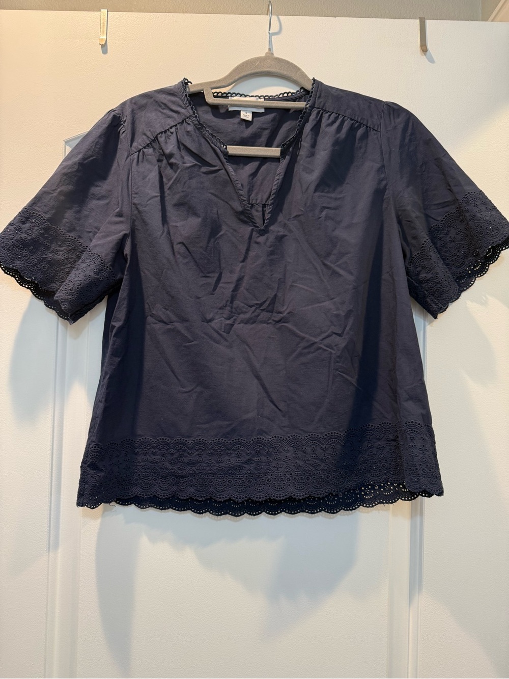 Evereve Navy Eyelet Scallop Trim Short Sleeve Top
